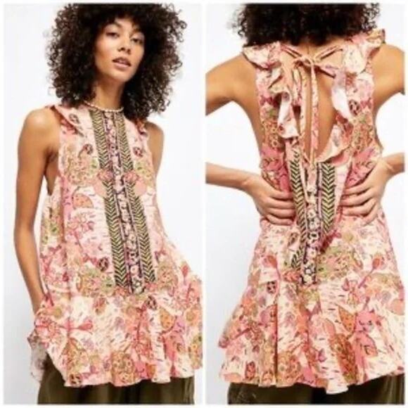 Free People "Summer In Tulum" Linen Blend Mixed Print Ruffle Sleeveless Tunic - Picture 1 of 15